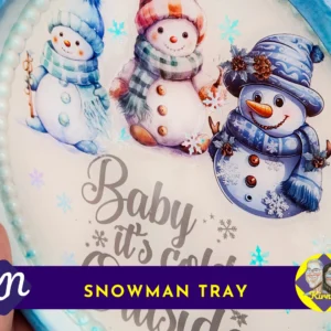 Close-up of snowman tray showing three winter snowmen and decorative blue border with Kirnix Creations branding.