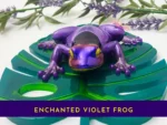 3. Kirnix Listing with banner โPurple resin frog with a butterfly on its back on a green leaf base, with a purple banner reading โPurple Frogโ.โ