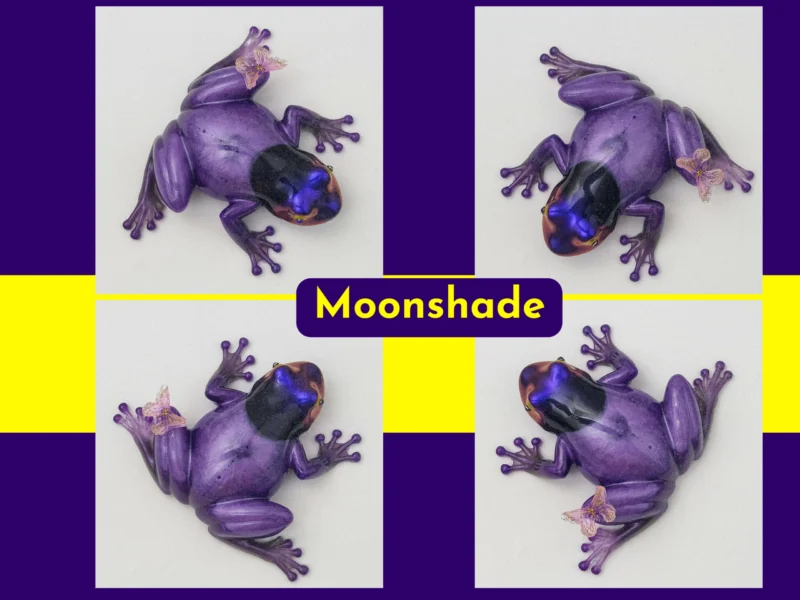 “Four-angle collage of the Style 1 purple resin frog, featuring a smooth purple finish and a butterfly detail.”