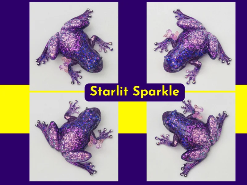 “Four-angle collage of the Style 2 purple glitter resin frog, covered in iridescent pink and purple glitter with a butterfly accent.”