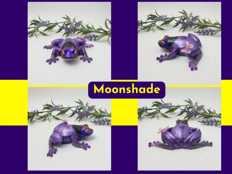 “Four-angle collage of the Style 1 smooth purple resin frog with butterfly detail, photographed with artificial lavender foliage.”
