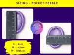 7PP-Product-Sizing Pocket Peepers sizing guide showing measurements for the Pocket Pebble shape, with two photos of the purple stone beside a ruler.