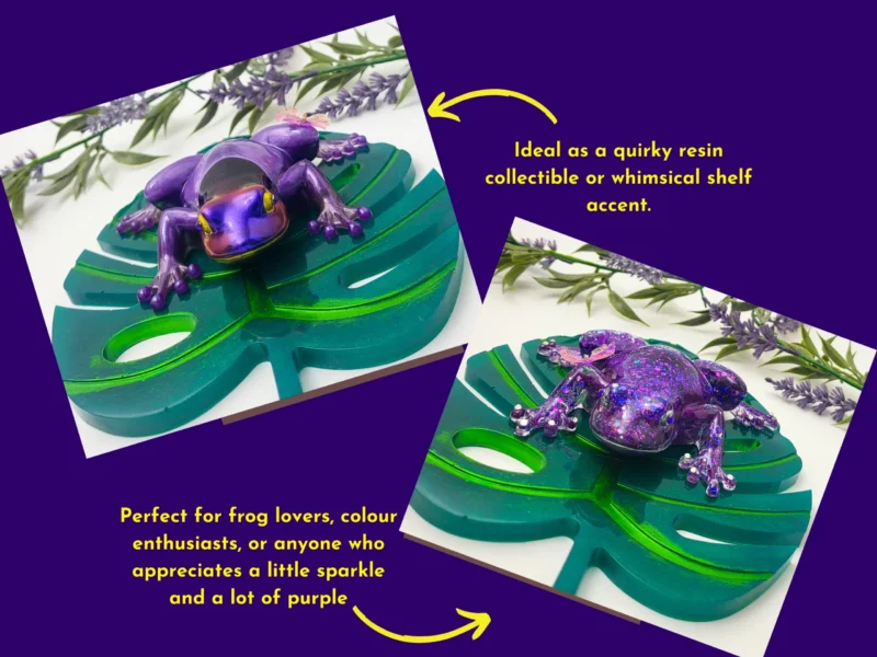 “Two angled photos of smooth and glitter purple resin frog styles on a green leaf base, with text describing them as whimsical resin collectibles.”