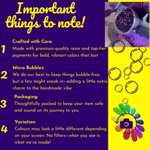 Important things to note graphic outlining handmade resin craft details including materials, micro-bubbles, packaging info and colour variation, with photo of resin being poured and playful bubble illustrations