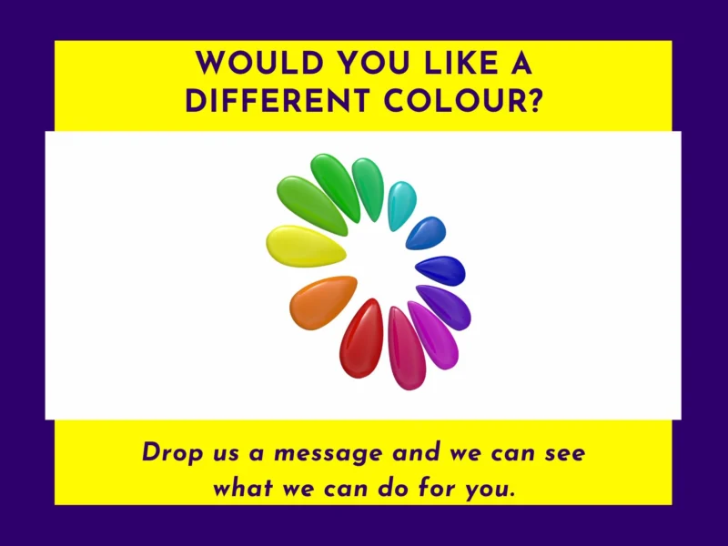 Custom colour request graphic with rainbow colour wheel and text inviting customers to message Kirnix Creations for personalised colour options