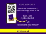 INFO_004 15% discount promo graphic featuring smartphone with QR code, subscription offer text, and kirnix.co.uk link for handmade resin jewellery and gifts