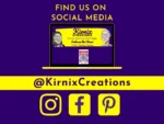INFO_005 Kirnix Creations social media graphic showing laptop with channel banner and icons for Instagram, Facebook and Pinterest, with @KirnixCreations handle