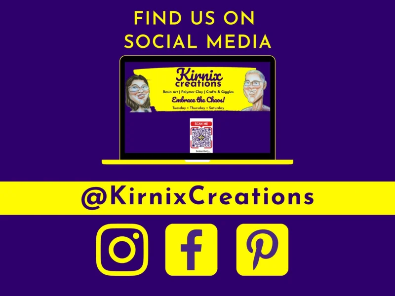 Kirnix Creations social media graphic showing laptop with channel banner and icons for Instagram, Facebook and Pinterest, with @KirnixCreations handle