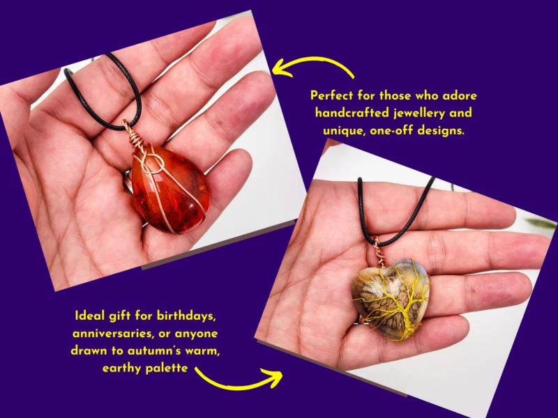 Two autumn glow resin pendants displayed with text highlighting unique handmade jewellery and ideal gift message – artisan necklace showcase