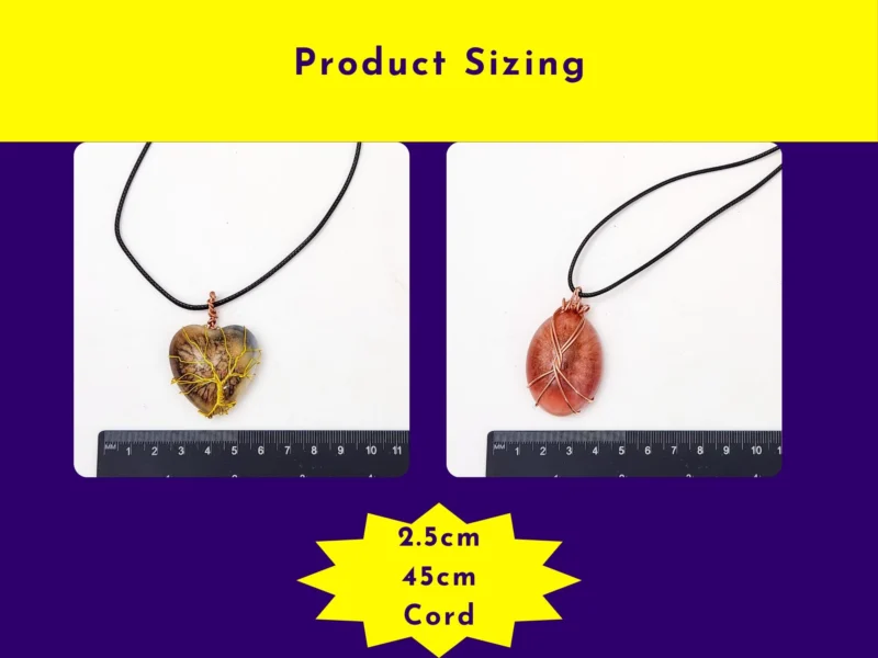 Size guide showing heart-shaped resin pendant with yellow tree-of-life wire wrapping and copper-tone oval resin pendant, each displayed beside a ruler with 2.5cm pendant size and 45cm cord length