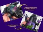 Two angled close-up photos of the Enchanted Prism Frog resin ornament with yellow text highlighting it as a unique handmade gift for birthdays and special occasions