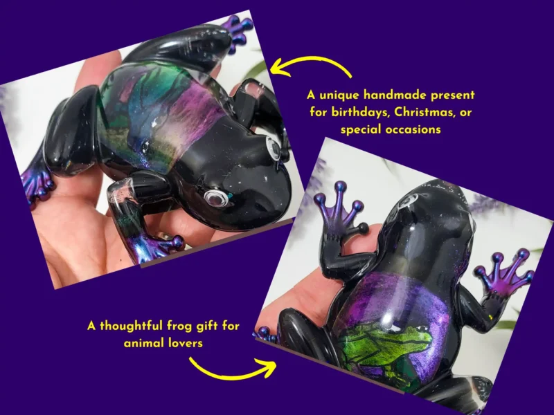 Two angled close-up photos of the Enchanted Prism Frog resin ornament with yellow text highlighting it as a unique handmade gift for birthdays and special occasions