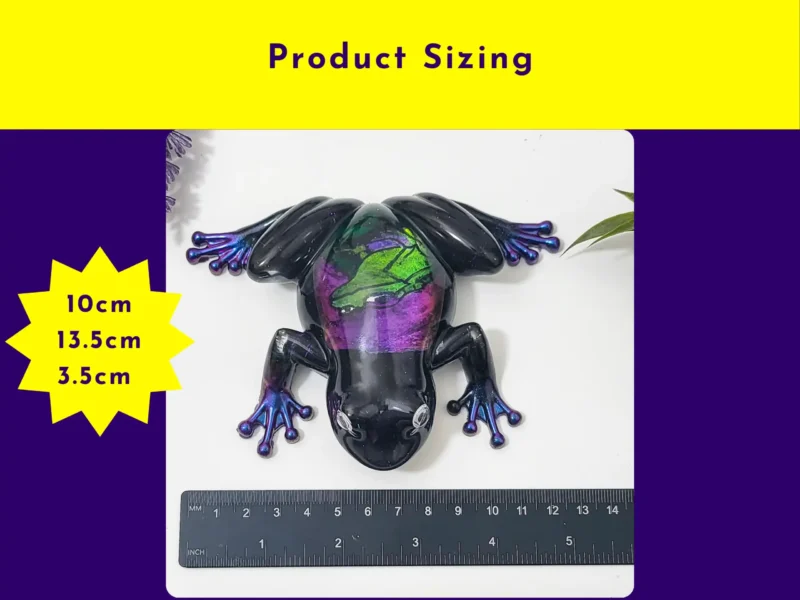 Enchanted Prism Frog displayed beside a ruler, with a yellow graphic listing the size as 10 cm by 13.5 cm by 3.5 cm.