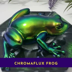 Chrome colour-shift frog on a hex resin base with a purple banner reading ‘Chromaflux Frog