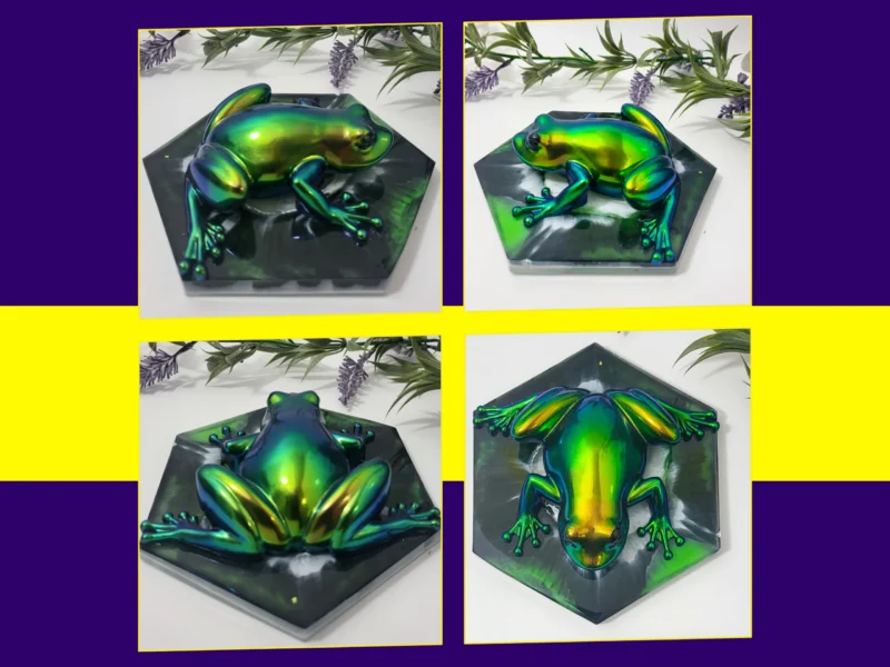 Second collage showing four more angles of the Chromaflux Frog highlighting its shifting green, teal and gold chrome finish