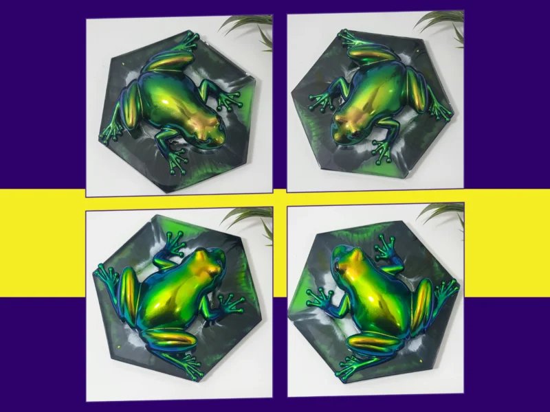 Four-angle collage of the Chromaflux Frog showing different colour-shift reflections on its hexagonal base