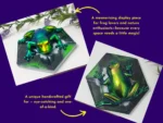 Two angled images of the Chromaflux Frog with yellow text describing it as a magical display piece and unique handcrafted gift