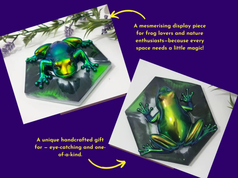 Two angled images of the Chromaflux Frog with yellow text describing it as a magical display piece and unique handcrafted gift