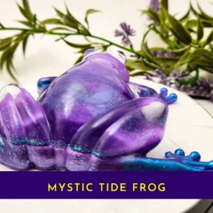 Aqua Purple Frog resin ornament shown from behind with a purple banner displaying the product name.