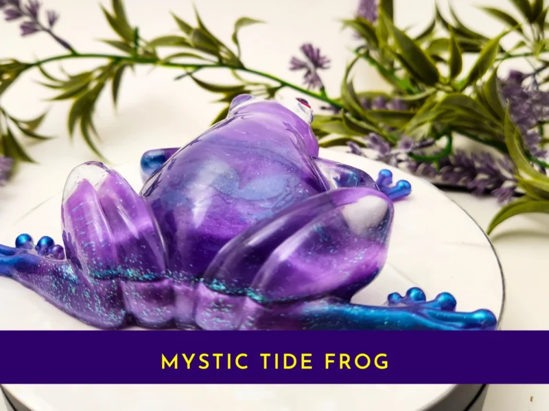 Aqua Purple Frog resin ornament shown from behind with a purple banner displaying the product name.