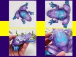 Four-angle collage of the Aqua Purple Frog resin ornament showing front, top, side, and handheld views.