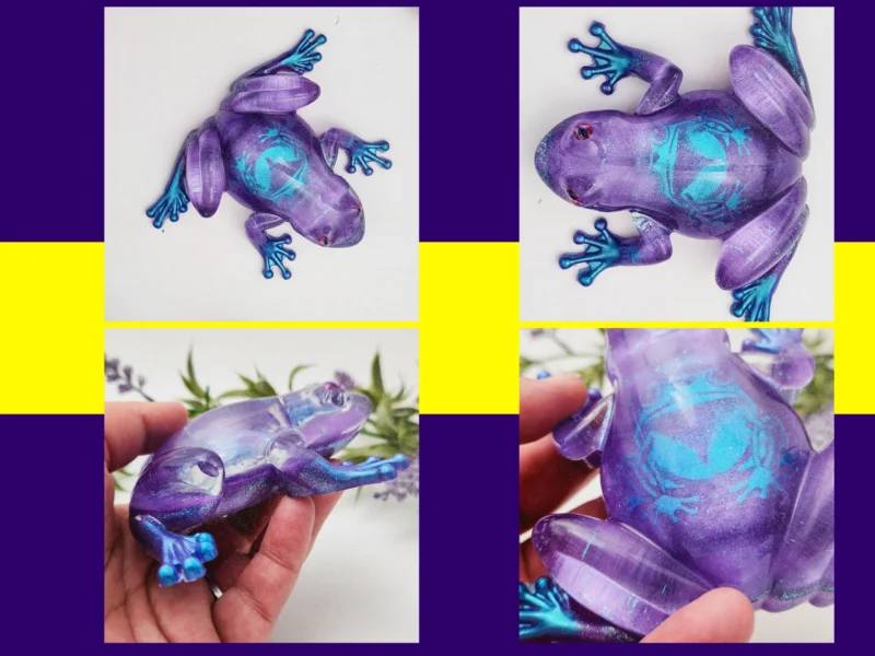 Four-angle collage of the Aqua Purple Frog resin ornament showing front, top, side, and handheld views.
