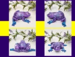 Four views of the Aqua Purple Frog resin ornament surrounded by greenery and purple flowers