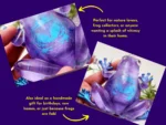 Two angled close-ups of the Aqua Purple Frog resin piece with yellow text describing it as an ideal handmade gift