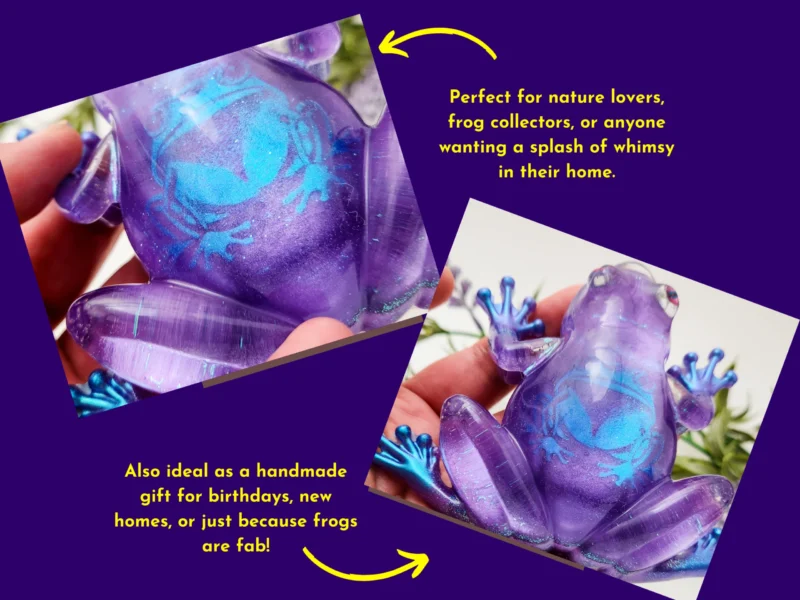 Two angled close-ups of the Aqua Purple Frog resin piece with yellow text describing it as an ideal handmade gift