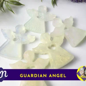 Five iridescent resin Guardian Angels arranged on a white background with greenery.
