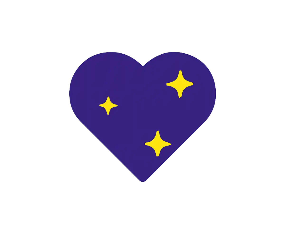 Purple heart surrounded by yellow sparkles, symbolising handmade creativity and playful chaos