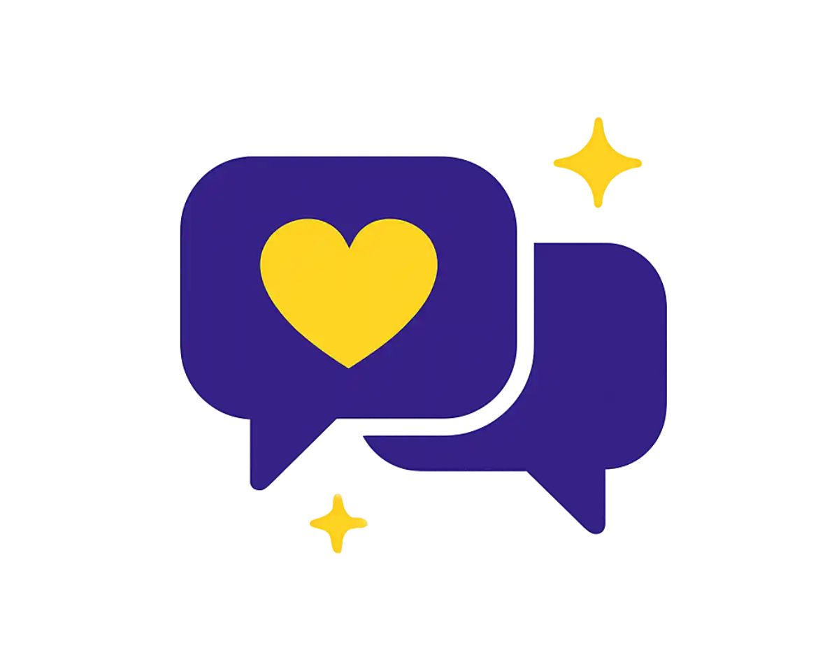 Two purple speech bubbles with a yellow heart inside, symbolising friendly real human support