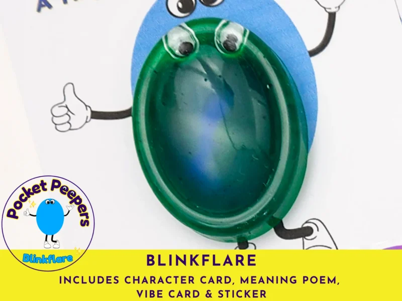 Close-up of the Blinkflare Pocket Peepers stone attached to its character card, with the full set contents listed beneath