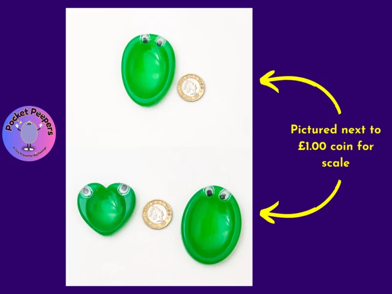 Pocket Peepers size comparison photo showing the green Heart and Oval shapes next to a £1 coin for scale.
