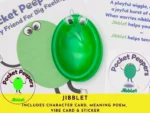 PP-JIB-Primary-Listing-Image Close-up of the green Pocket Peepers Jibblet character on its backing card, with character card, vibe card and sticker visible.