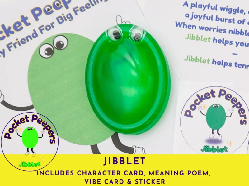 Close-up of the green Pocket Peepers Jibblet character on its backing card, with character card, vibe card and sticker visible.