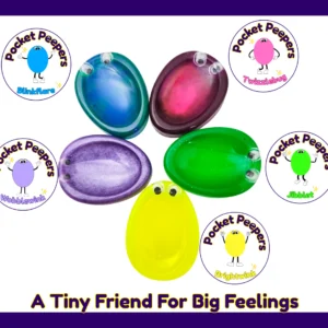 Group photo of all five Pocket Peepers characters arranged in a flower shape, each in a different colour with their personality logos around the edges