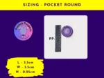 PP-Product-Sizing (3) Pocket Peepers round-shaped fidget pebble placed next to a ruler to demonstrate its dimensions clearly