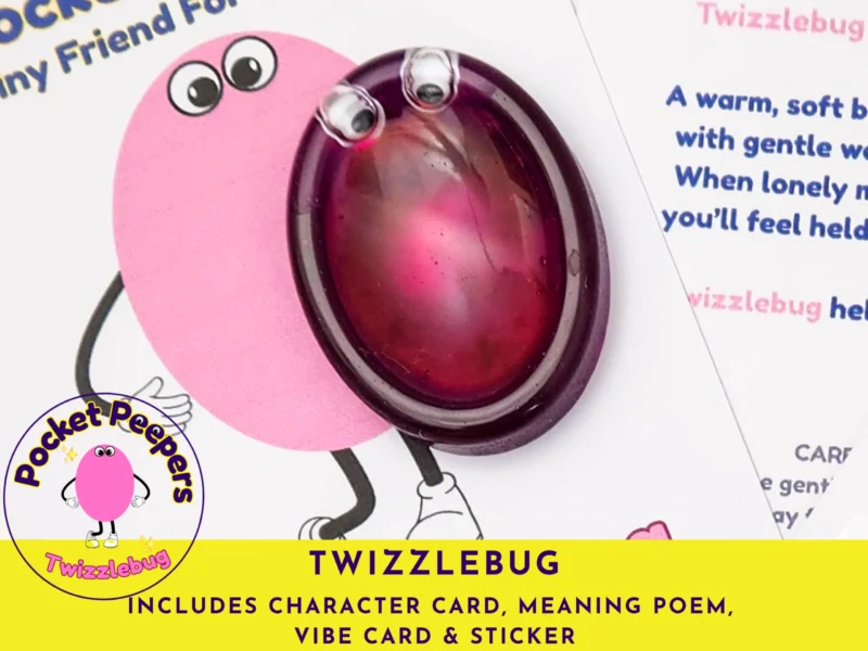 Close-up of the Twizzlebug Pocket Peepers stone attached to its character card, with the full set contents listed beneath