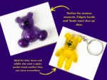Purple handheld and yellow keyring Worry Bears with text showing they are ideal for anxious moments and quiet pocket comfor