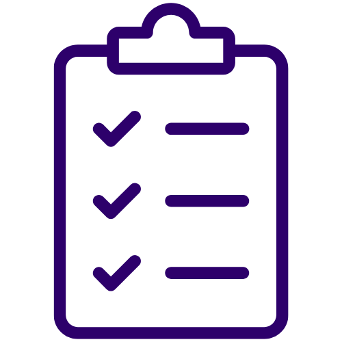 Purple checklist clipboard icon representing order support.