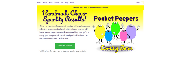 Kirnix Creations website homepage banner showing Pocket Peepers “Coming Soon” and handmade resin art gifts.