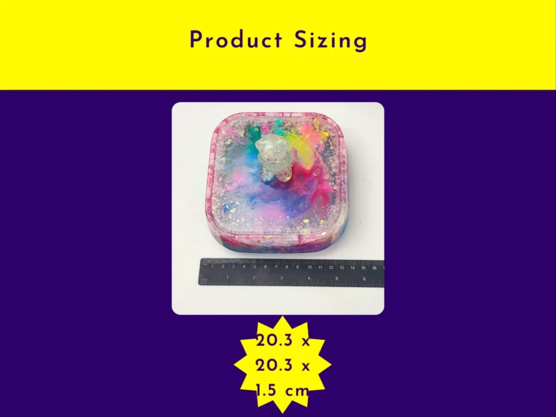 Product sizing graphic showing the treasure box next to a ruler, stating 20.3 x 20.3 x 1.5 c