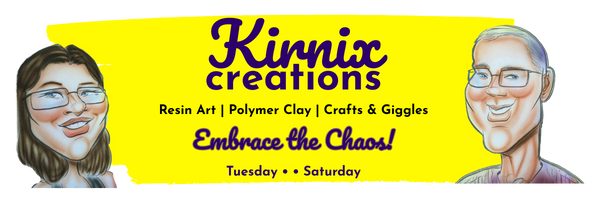 Kirnix Creations YouTube banner with Kirk & Nikki caricatures and text: resin art, polymer clay, crafts & giggles.