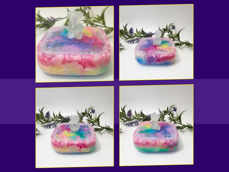 Four-image collage showing different angles of the candycore teddy treasure box on a white background with greenery.