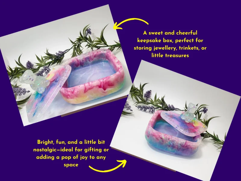 Graphic showing the open treasure box with text describing it as a keepsake box for jewellery, trinkets, and little treasures.