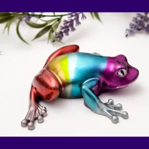 Full-body side view of chrome rainbow frog in metallic rainbow colours