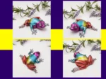 Grid of four rainbow frog angles on purple/yellow frame