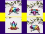 Grid of four rainbow frog angles on purple/yellow frame