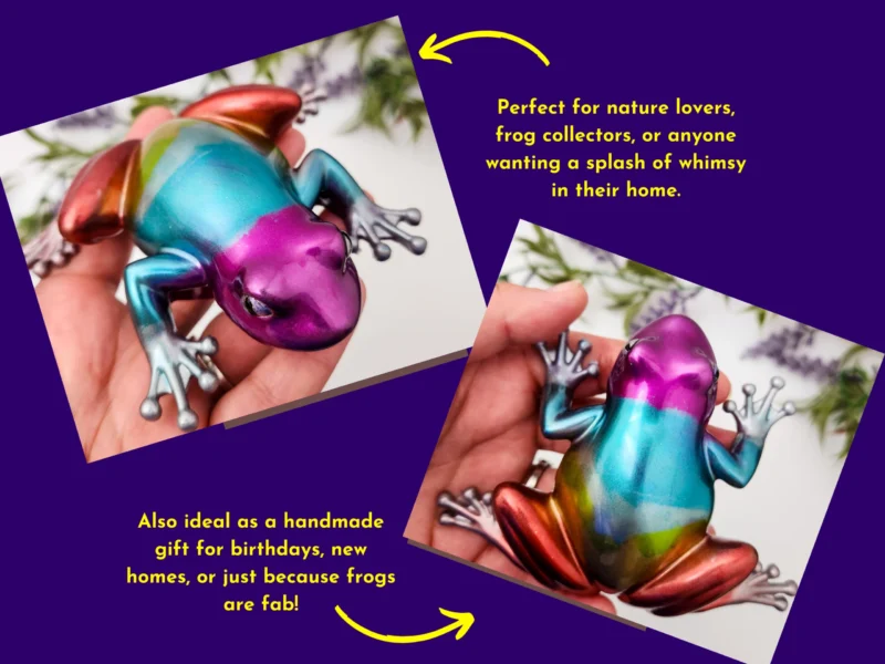 Lifestyle images showing chrome frog held in hand for scale